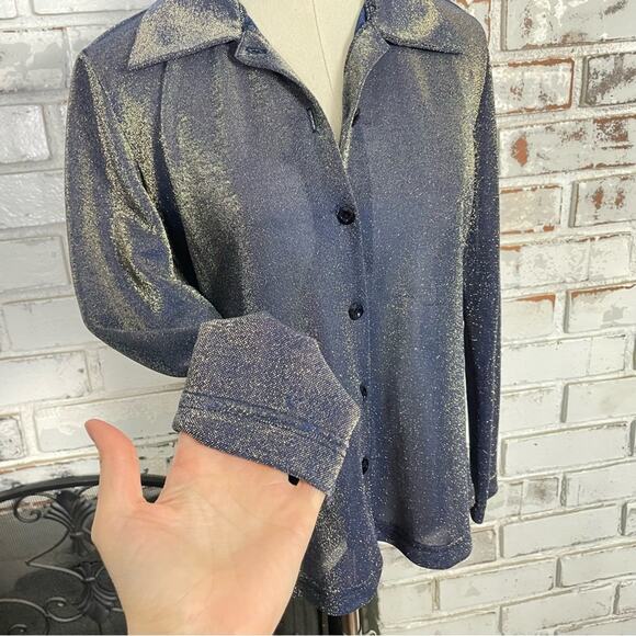 Vintage 90s Slightly Sheer Blue Gold Iridescent Button Down Long Sleeve Top - Picture 7 of 11